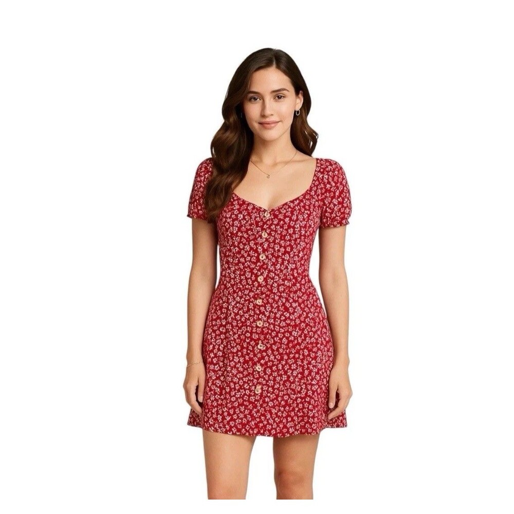 Abercrombie Fitch Milkmaid Dress Women Red Ditsy Floral Babydoll Coquette Mini